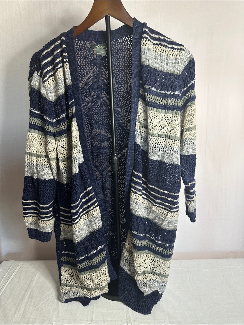 Open-Front Navy and Cream Striped Knit Cardigan